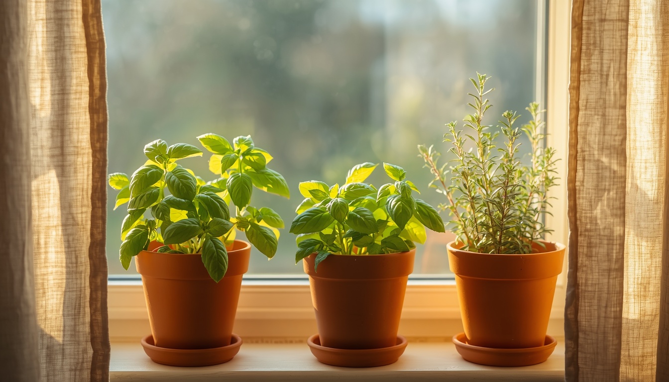 Fresh basil mint and rosemary growing in terracotta pots on a sunny apartment wi 0 1 1