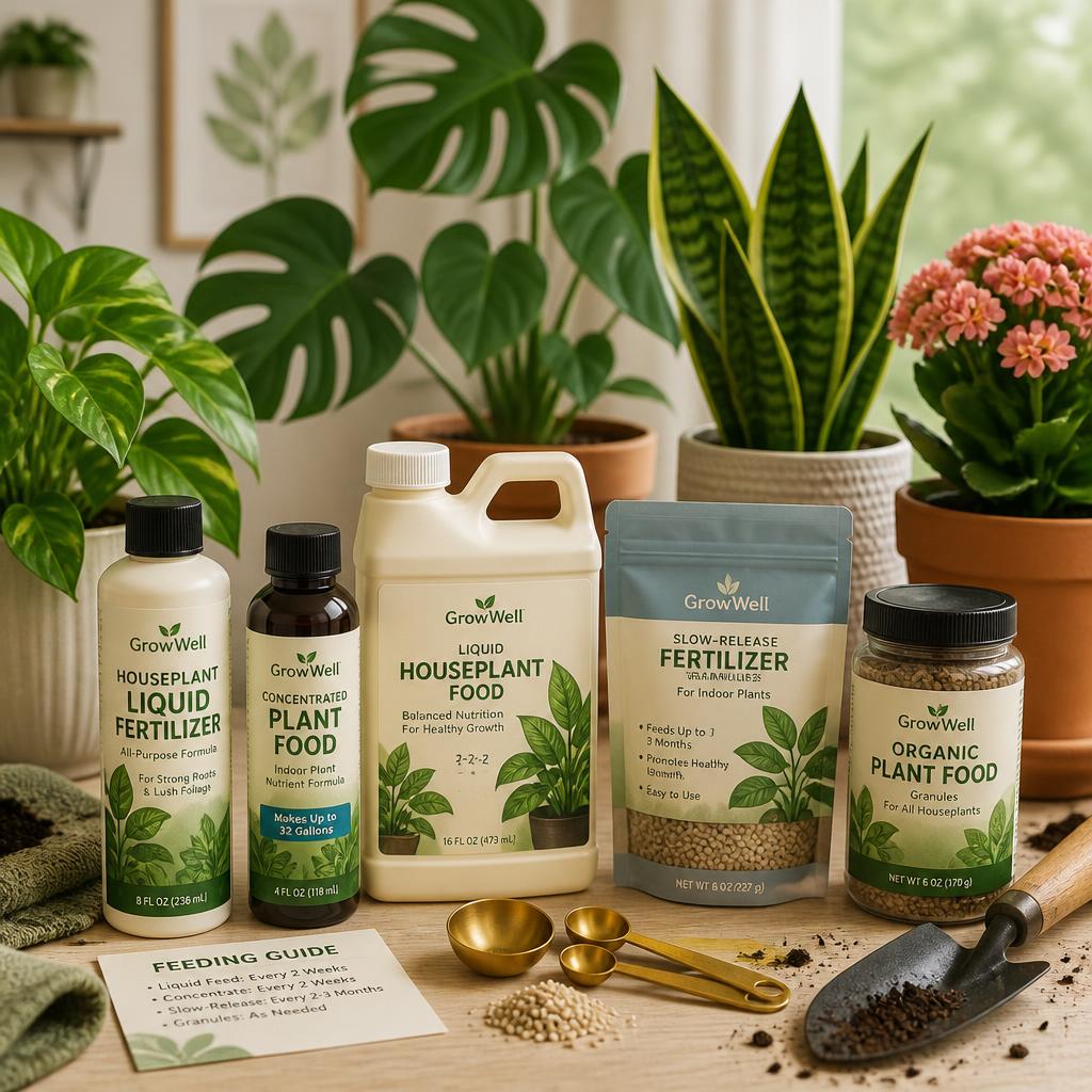 gpt image 2 Fertilizers for houseplants arranged in a clean appealing indoor gardening scene 0