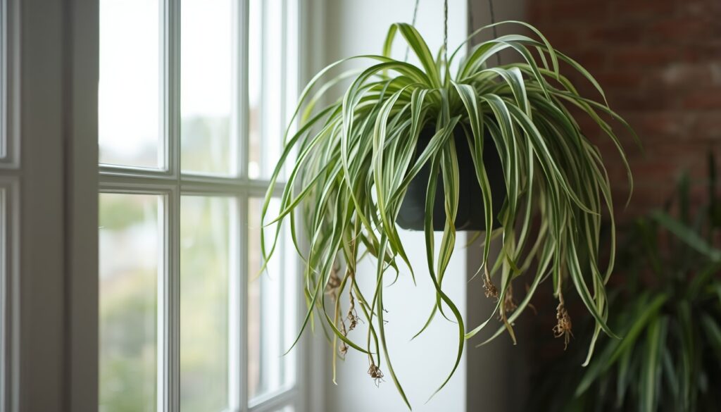 lucid origin A mature spider plant in a hanging planter displaying abundant arching leaves an 0 1 1024x585