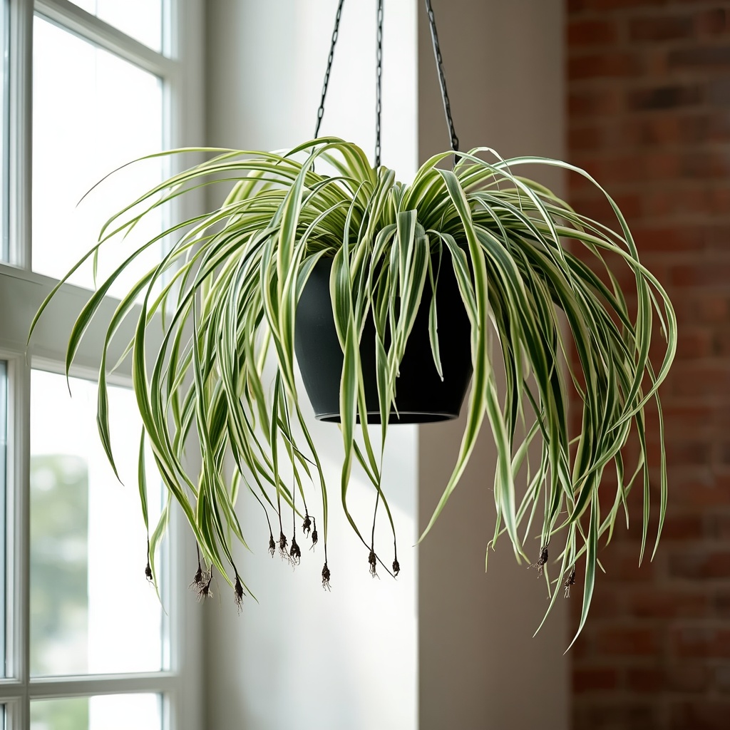 lucid origin A mature spider plant in a hanging planter displaying abundant arching leaves an 0